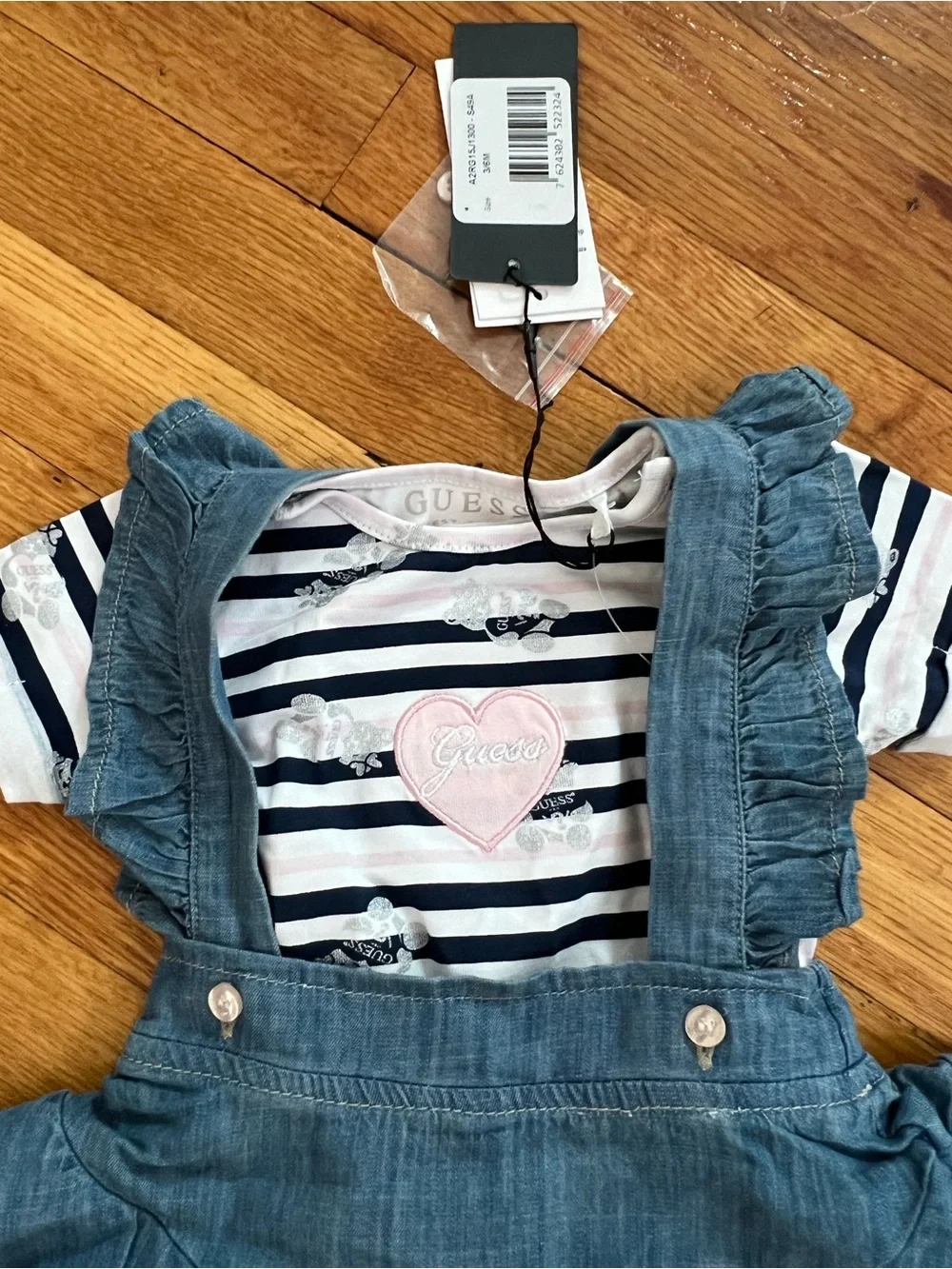 Guess Girls Denim Ruffle Overall Skirt with Navy & White Stripe Tee